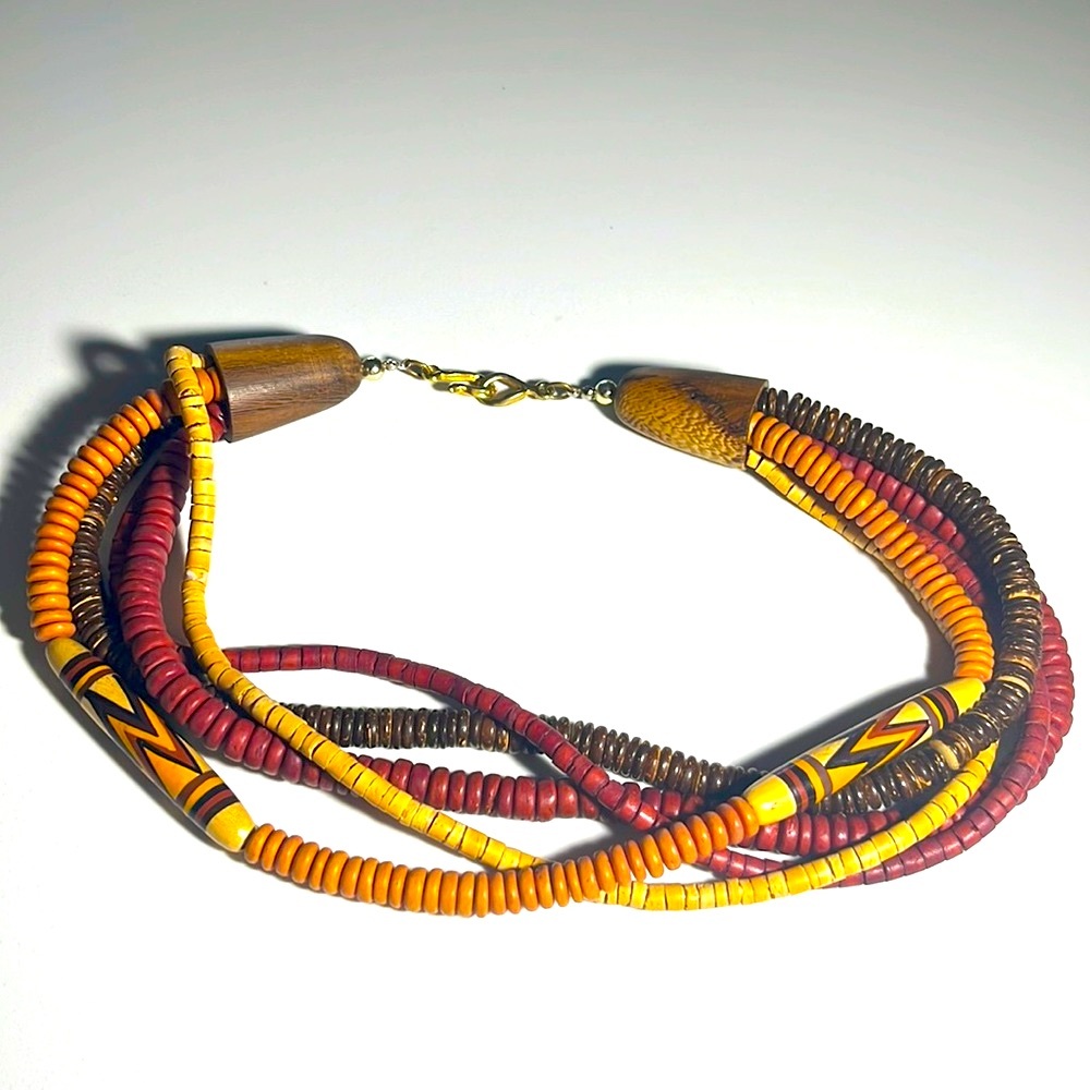 Vintage 5 Strand Tribal Necklace Made of Burgundy and Brown Painted Exotic Woods - Picture 1 of 4